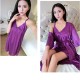 Half Sleeve Knotted Midi Skirt V Neck Lace Sling Nightwear - Purple image