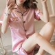 Solid Color Lapel Collar Cardigan Short Sleeve Nightwear Set - Pink image