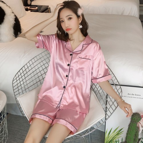 Solid Color Lapel Collar Cardigan Short Sleeve Nightwear Set - Pink image