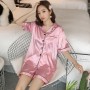 Solid Color Lapel Collar Cardigan Short Sleeve Nightwear Set - Pink