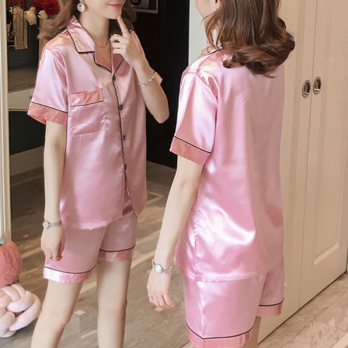 Solid Color Lapel Collar Cardigan Short Sleeve Nightwear Set - Pink image