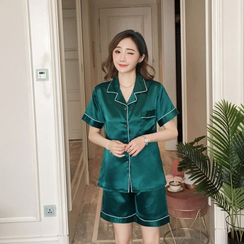 Solid Color Lapel Collar Cardigan Short Sleeve Nightwear Set - Green image