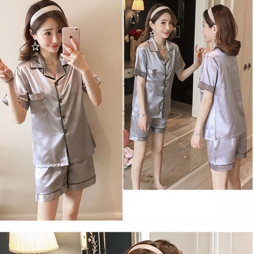 Solid Color Lapel Collar Cardigan Short Sleeve Nightwear Set - Grey image