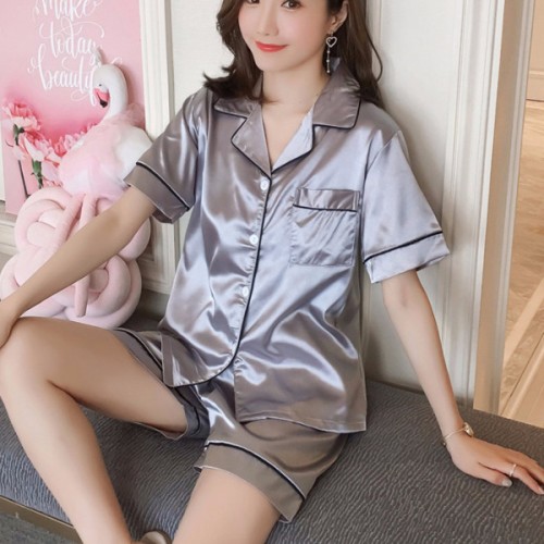 Solid Color Lapel Collar Cardigan Short Sleeve Nightwear Set - Grey image