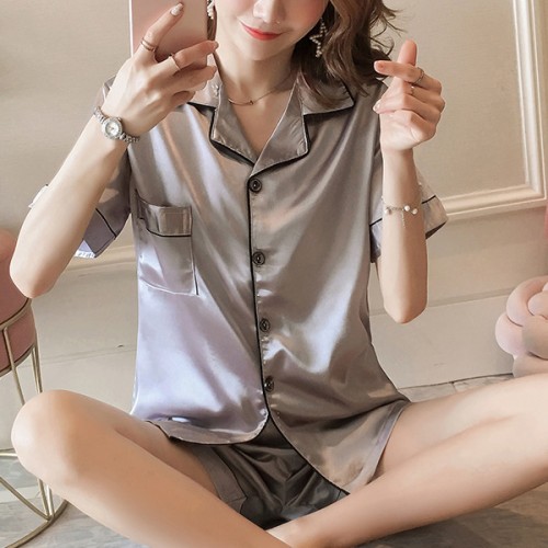 Solid Color Lapel Collar Cardigan Short Sleeve Nightwear Set - Grey image