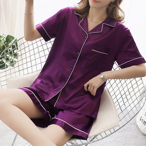 Solid Color Lapel Collar Cardigan Short Sleeve Nightwear Set - Purple image
