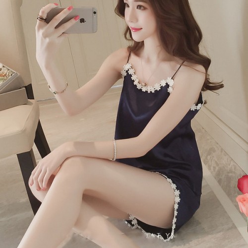 Sleeveless Lace Floral Vest Sling Pajama Set Nightwear - Black image