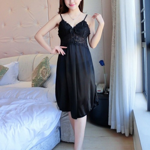 Leisure Style Lace Stripy Sleeveless Plunge Neck Skirted Nightwear - Black image