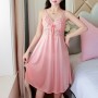 Leisure Style Lace Stripy Sleeveless Plunge Neck Skirted Nightwear - Pink