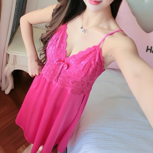 Leisure Style Lace Stripy Sleeveless Plunge Neck Skirted Nightwear - Deep Pink image