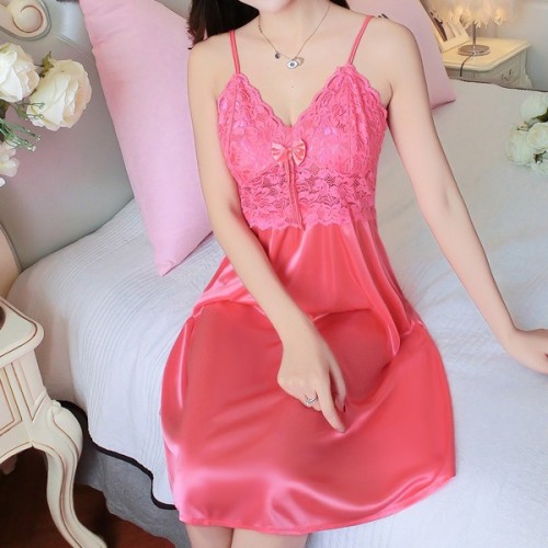 Leisure Style Lace Stripy Sleeveless Plunge Neck Skirted Nightwear - Deep Pink image