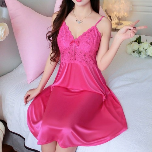 Leisure Style Lace Stripy Sleeveless Plunge Neck Skirted Nightwear - Deep Pink image