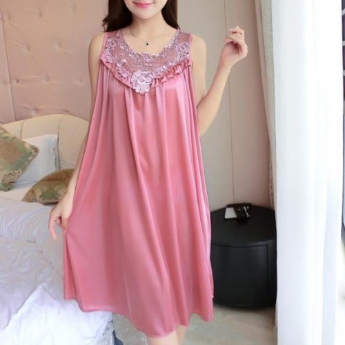 Luxury Camisole Shiny Lace Silky Swing Skirt Nightdress - Pink image