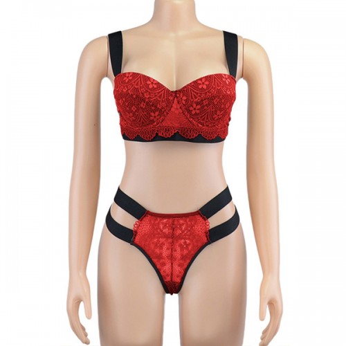  Luxury Two Pieces Bralette Lace Nightwear Bra & Panty Set - Red image
