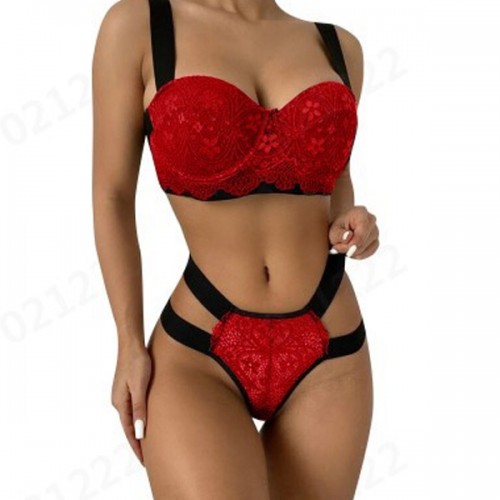  Luxury Two Pieces Bralette Lace Nightwear Bra & Panty Set - Red image