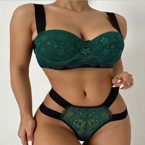  Luxury Two Pieces Bralette Lace Nightwear Bra & Panty Set - Green image