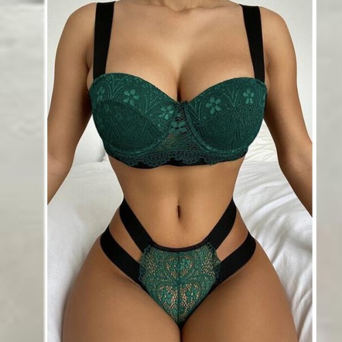 Luxury Two Pieces Bralette Lace Nightwear Bra & Panty Set - Green image