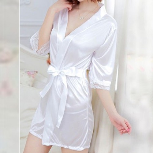 Shiny Nightgown's Knot Waist Bathrobe Women Nightwear - White image