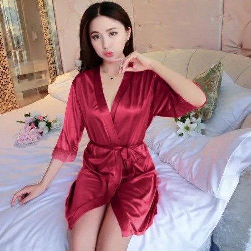 Shiny Nightgown's Knot Waist Bathrobe Women Nightwear - Red image