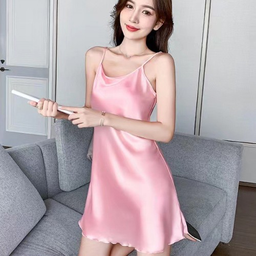 Comfortable Uniform Slim Silk Solid Color Women Nightwear - Pink image