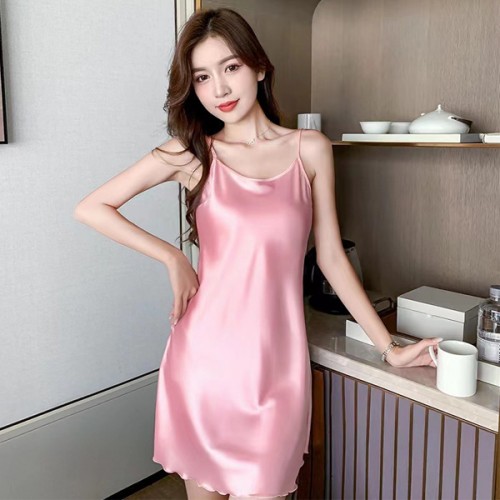 Comfortable Uniform Slim Silk Solid Color Women Nightwear - Pink image