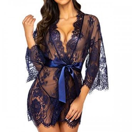Luxury Mesh Cardigan Nightgown Baby Doll Nightwear - Blue image