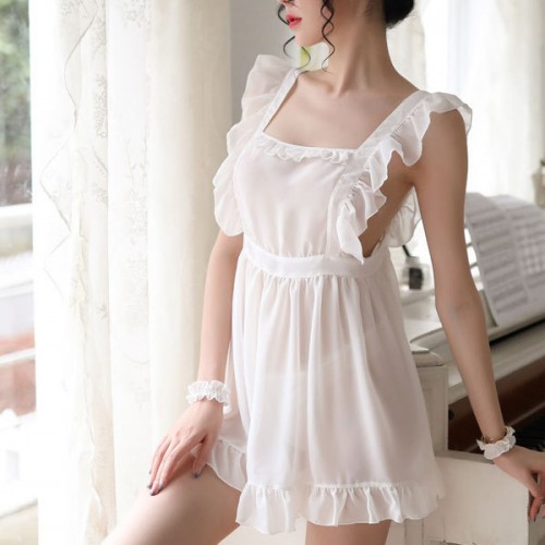 Convenient Ruffle Squire Neck See Through Women Nightwear - White image