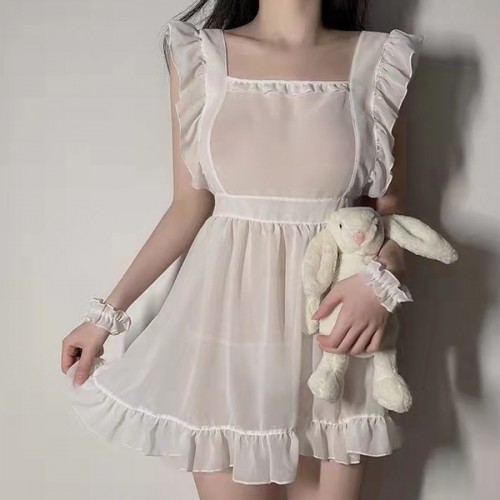 Convenient Ruffle Squire Neck See Through Women Nightwear - White image