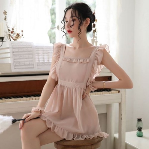 Convenient Ruffle Squire Neck See Through Women Nightwear - Pink image