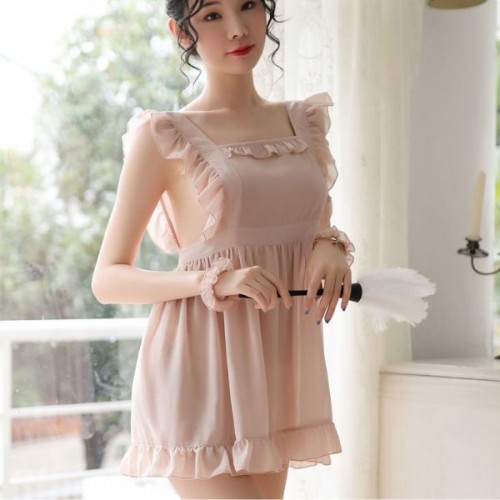 Convenient Ruffle Squire Neck See Through Women Nightwear - Pink image