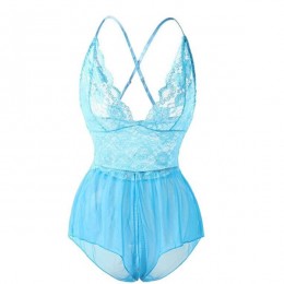 Luxury Halter Neck Strappy Mini Lace Floral Sheer Women Bodysuit - Light Blue