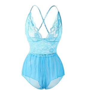 Luxury Halter Neck Strappy Mini Lace Floral Sheer Women Bodysuit - Light Blue