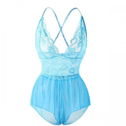 Luxury Halter Neck Strappy Mini Lace Floral Sheer Women Bodysuit - Light Blue image