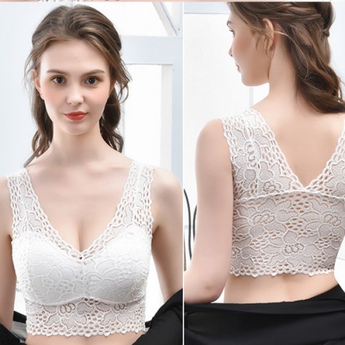 Comfort Lace Crop Top Padded Tank Top V Neck Bustier Bra - White image