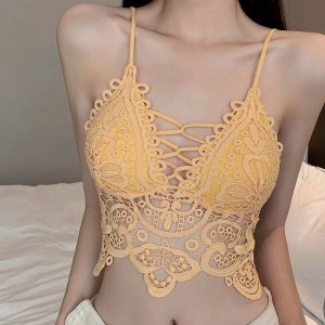 Solid Color Mold Cup Camisole Lace Design Tank Top Lingerie Bra - Yellow