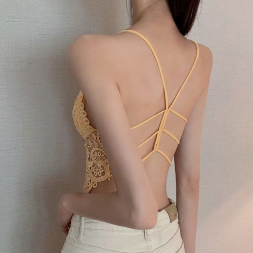 Solid Color Mold Cup Camisole Lace Design Tank Top Lingerie Bra - Yellow image