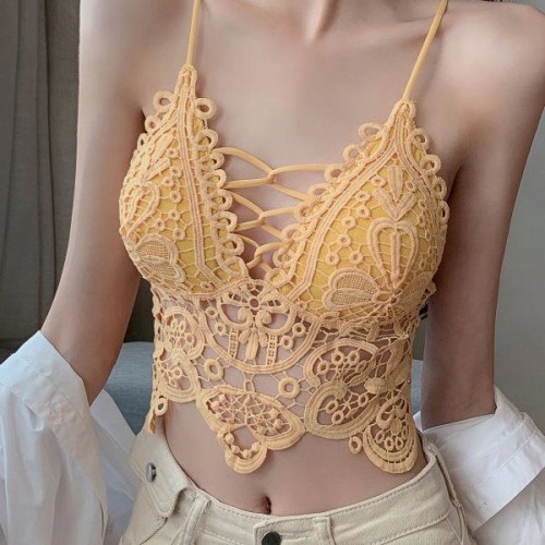 Solid Color Mold Cup Camisole Lace Design Tank Top Lingerie Bra - Yellow image