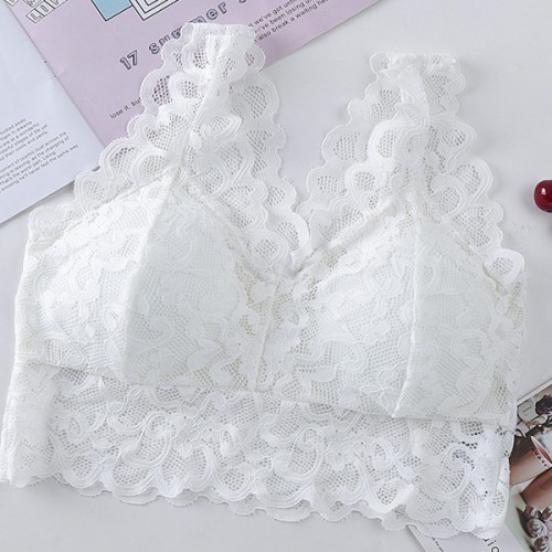 Breathable Seamless Thin Mold Cup Wrap Floral Lace Design Bra - White image