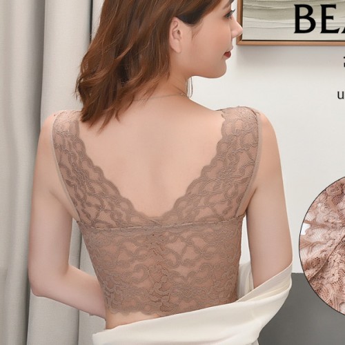 Breathable Seamless Thin Mold Cup Wrap Floral Lace Design Bra - Cream image