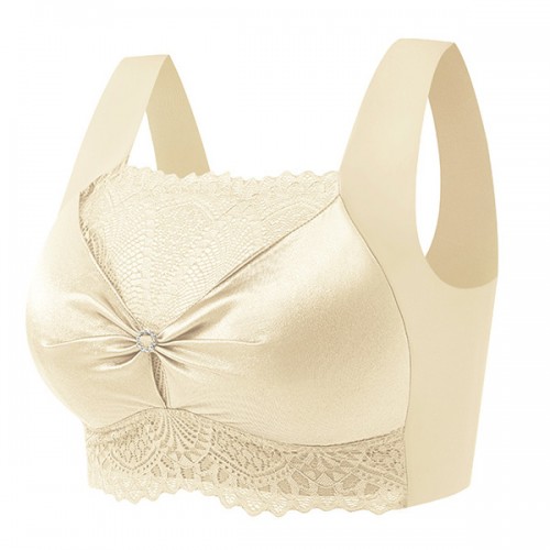 Fashionable Flower Lace Non Padded Elastic Shoulder Sports Bra - Cream image