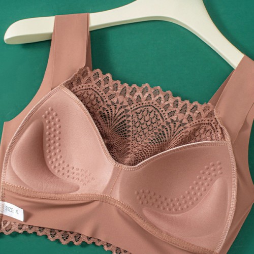 Fashionable Flower Lace Non Padded Elastic Shoulder Sports Bra - Brown image