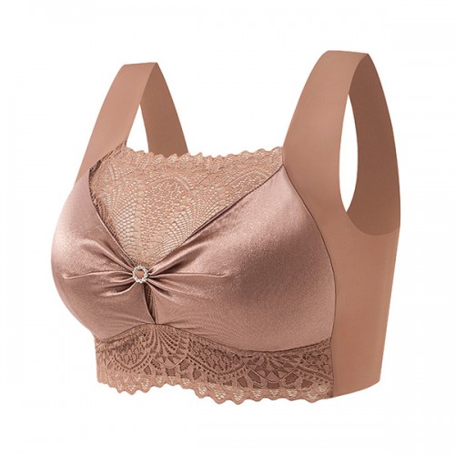 Fashionable Flower Lace Non Padded Elastic Shoulder Sports Bra - Brown image
