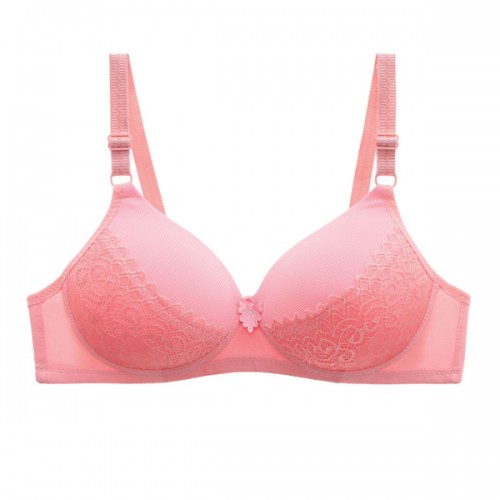 Comfortable Sponge Padded Gathered Floral Lace Women Bra - Pink image