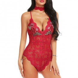 Teddy Lace V Neck Embroidery Rose Onesies Sheer Women Bodysuit - Red