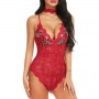 Teddy Lace V Neck Embroidery Rose Onesies Sheer Women Bodysuit - Red