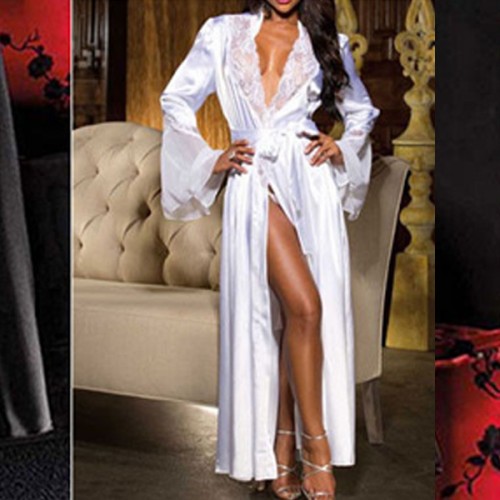 Charm Solid Nightgown Full Sleeve Knotted Front Open Nightdress - White image
