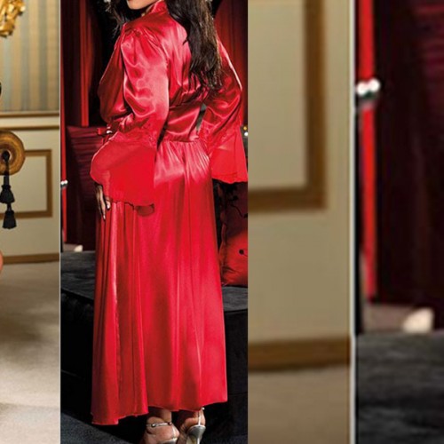 Charm Solid Nightgown Full Sleeve Knotted Front Open Nightdress - Red image