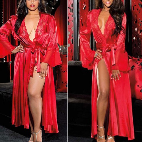 Charm Solid Nightgown Full Sleeve Knotted Front Open Nightdress - Red image