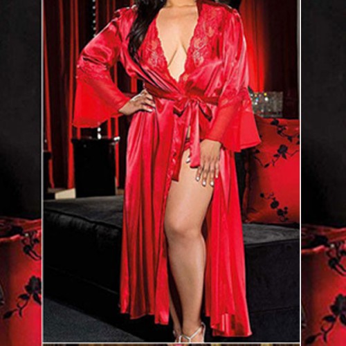 Charm Solid Nightgown Full Sleeve Knotted Front Open Nightdress - Red image