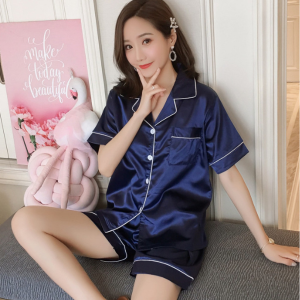 Solid Color Lapel Collar Cardigan Short Sleeve Nightwear Set - Blue